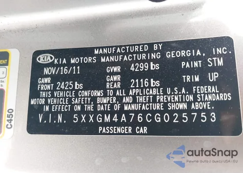 2012 Kia Optima Lx z USA, uszkodzony, nr VIN 5XXGM4A76CG025753